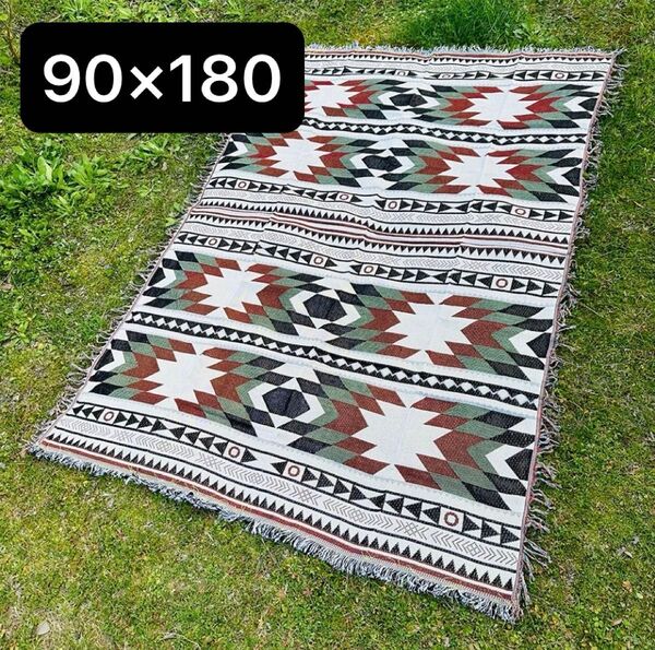 【新品未使用】90x180cm ブランケット マルチラグ オルテガ柄 民族柄 大きめ ピクニックマット Cパターン柄