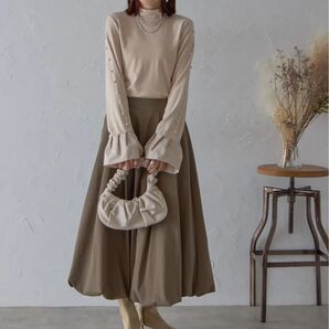 裏毛カットソーパールスリーブトップス/ベージュ