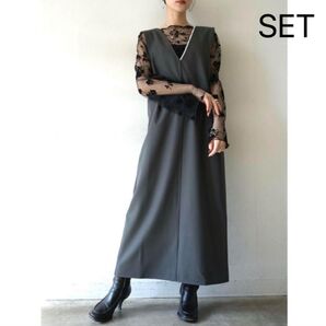 【SET】Vネックパールワンピース+フラワーフロッキーシャーリングトップス