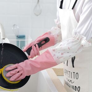 ピンク 手袋ゴムL ロング ずり落ち防止 温かい 丈夫 ゴム付き かわいい キッチン グローブ裏地付 大掃除 ガーデニング【新品】