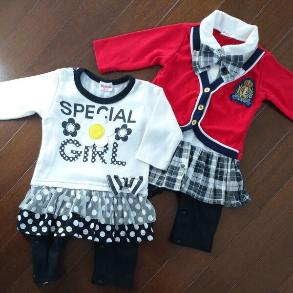 ベビー服 BLiNK ブリンク カーデ重ね着風&お花アップリケカバーオール 60cm 2着セット 女の子 長袖
