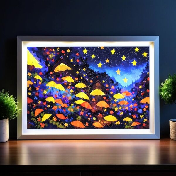 絵画「キノコの森」 A4 額無し 風景画 インテリア キノコ 星空 青 黄 オレンジ 岩 苔 シダ イラスト マット紙