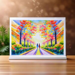 絵画「帰り道」 A4 額無し 風景画 インテリア 夕焼け 公園 植物 影 夕日 赤 青 黄 緑 人
