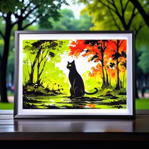 絵画 「黒猫」 A4 額無し 風景画 インテリア 森 猫 黒 木 インク 赤 黄緑 黒猫 水