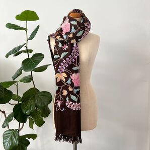 花柄総刺繍ブラウンストール美品