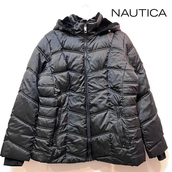 【美品】NAUTICA(ノーティカ) ボリュームファー 中綿ジャケット ブラック XL 軽量 防寒 アウター ブルゾン コート