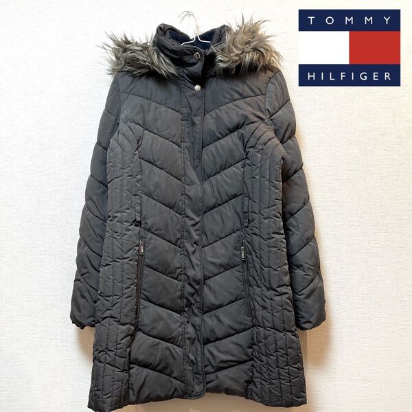 TOMMY HILFIGER(トミー ヒルフィガー) 袖ブランドロゴチャーム ファー中綿ロングコート グレー M ジャケット