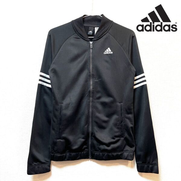 【美品】adidas(アディダス) ブランドロゴプリント スリーストライプ トラックジャケット ジャージ ブルゾン アウター 黒