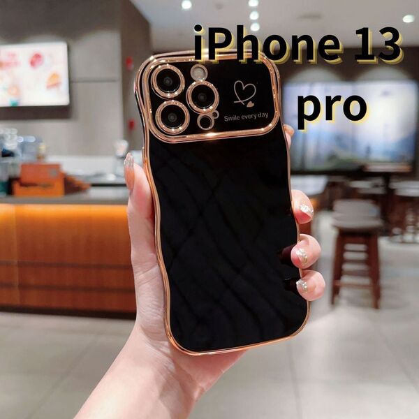 iPhone13 pro スマホケース 黒 金 なみなみ ハート 軽量 おしゃれ かわいい E043