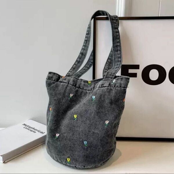 レトロ 刺繍 チューリップ柄 ヴィンテージデニムバッグ バケツバッグ ブラック トートバッグ デニム 黒 肩掛けバッグ 新品