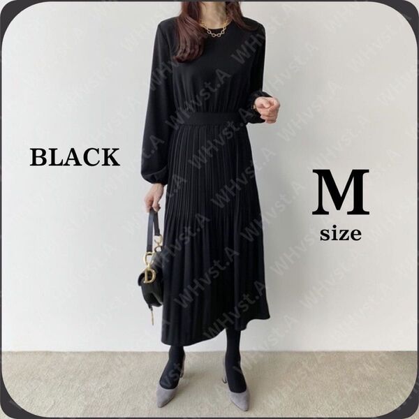 ブラック 黒 ワンピース ロング 長袖 上品 清楚 フォーマル ドレス M