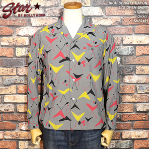 【S】STAR OF HOLLYWOOD スターオブハリウッド 長袖レーヨンオープンシャツ ATOMIC アトミック柄 GRAY SH29491 東洋エンタープライズ