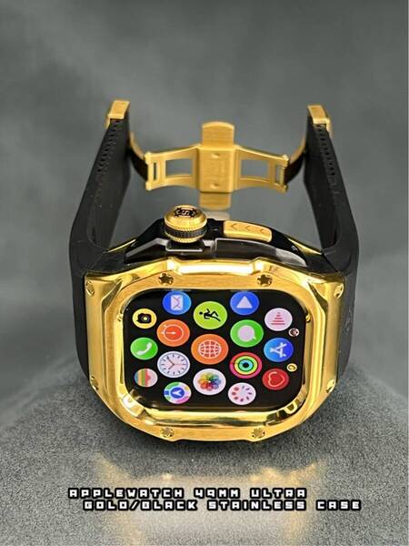 アップルウォッチ ゴールド ステンレス ケース ブラック ラバー ベルト applewatch 49mm ウルトラ用 動画付 ゴールデンコンセプト