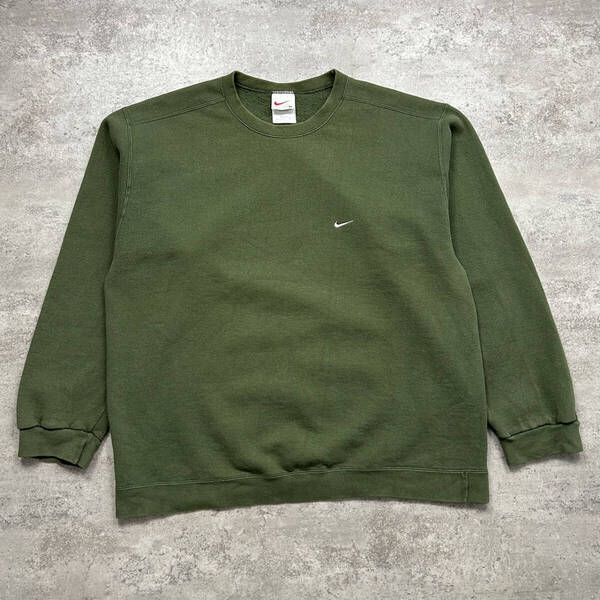 90s ナイキ スモール スウッシュ 刺繍 スウェット トレーナー サイズ XL グリーン オリーブ アメリカ製