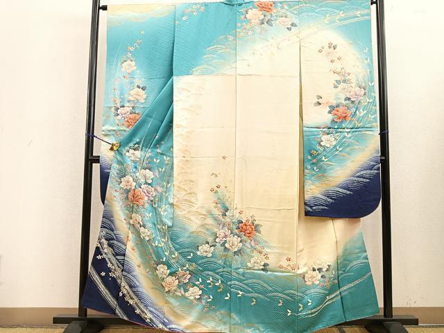 MK-1360 振袖 秋山庄太郎 美しい暈し 花模様 若緑色 桃色 成人式