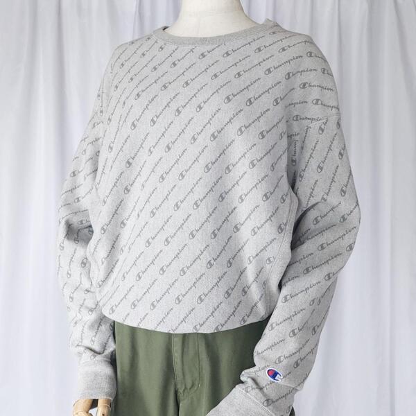 used Mサイズ Champion REVERSE WEAVE チャンピオン リバースウィーブ 総柄 ロゴ スウェットシャツ トレーナー グレー系 古着 スポーツ