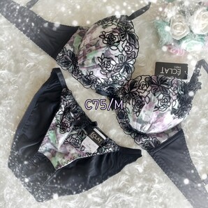 C75/M パープル ローズ刺繍 L字ワイヤー サイドストリング ブラジャー ショーツ セット 翼