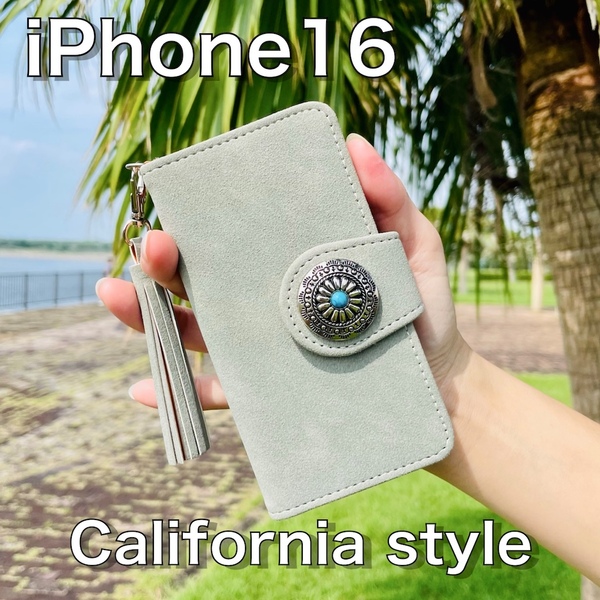 iPhone 16 レザーカバー☆スエード&コンチョ☆アイフォン手帳型ケース☆