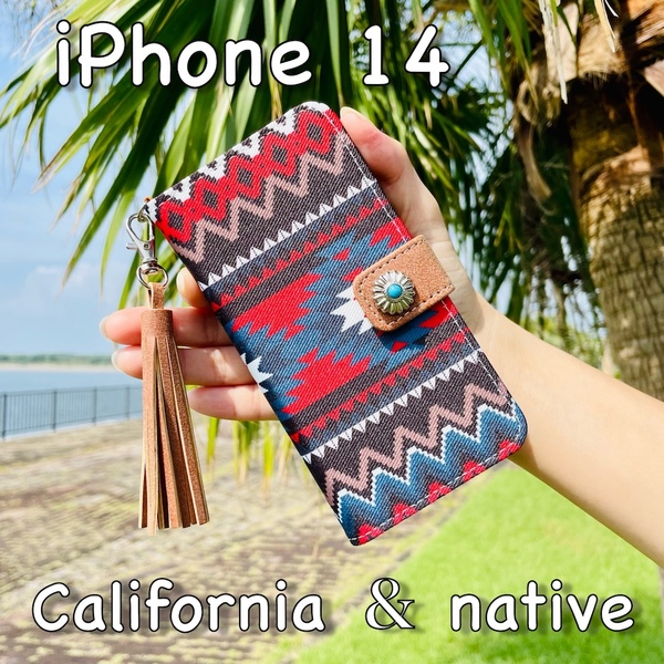 iPhone 14 レザーケース☆ネイティブ&コンチョ☆西海岸スタイル*アイフォン手帳型カバー
