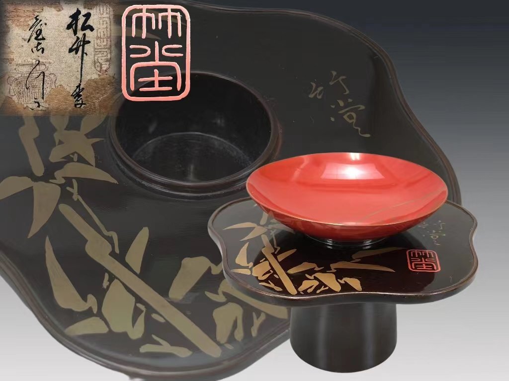 木製朱塗漆器 盃台 蒔絵 漆器 時代物 骨董 古玩 日本古美術