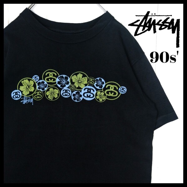 【STUSSY】90s' USA製 紺タグ ハイビスカスロゴ Tシャツ