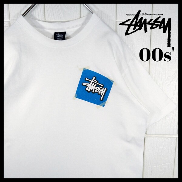 【STUSSY】00s USA製 紺タグ スクエアブルーロゴ Tシャツ