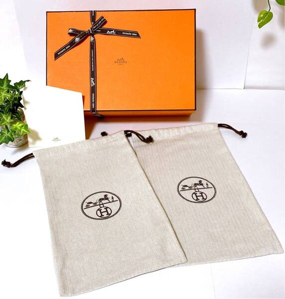 エルメス 「HERMES」シューズ用空箱と保存袋2枚 (4816) 正規品 付属品 ミニ封筒付き サンダル用 パンプス用 19×35cm ヘリンボーン柄 現行