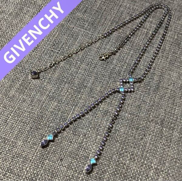 【m】美品 GIVENCHY ジバンシー ビジュー ストーン ネックレス 紫 パープル ブルー シルバーカラー