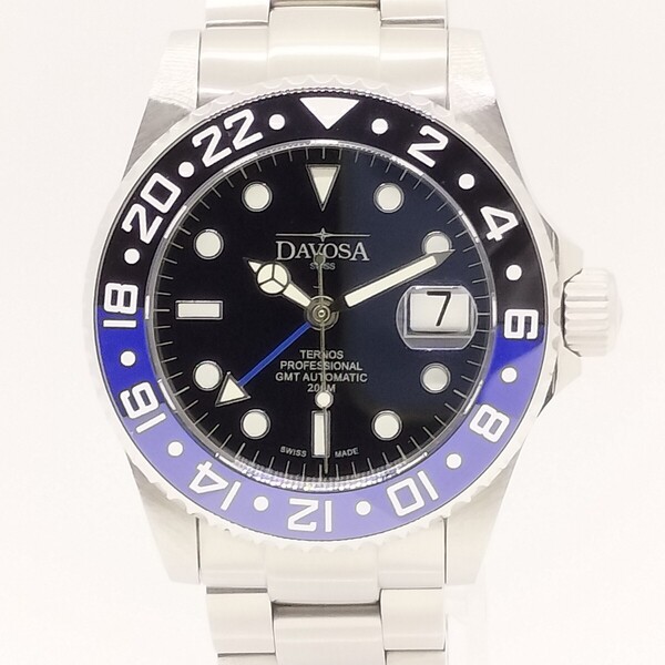 【美品】DAVOSAダボサ Ternosテルノス GMT Proブラック&ブルーベゼル 161.571.45 箱保付きメンズ腕時計
