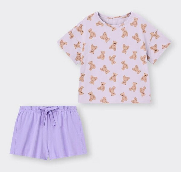 XXLサイズ 新品 ラウンジセット ベア クマ 半袖 ショートパンツ ラベンダー パープル 上下セット 綿100% 部屋着 パジャマ GU 大きいサイズ