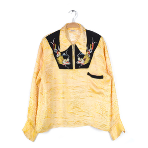 【送料無料】40s 50s MOUNT Anterope スカシャツ 別珍 西陣織 龍 刺繍 富士山 ブラック イエロー KIMONO CLOTH スーベニア M 古着 @CA1437