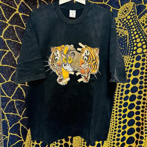 Tom Cat 個性的 メンズ リプリント Tシャツ 新品 ウォッシュ加工 ② トムとジェリー 和柄 兜 武士 侍 虎 タイガー 豹 ネコ ティーシャツ