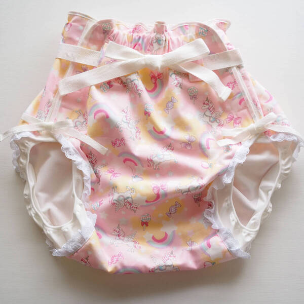 【新品】大人用おむつカバー M ユニコーン×ドリーム(ピンク) あし紐×腰ひも×レース 防水:裏起毛 フィラインベイビーズ/Feline Babies
