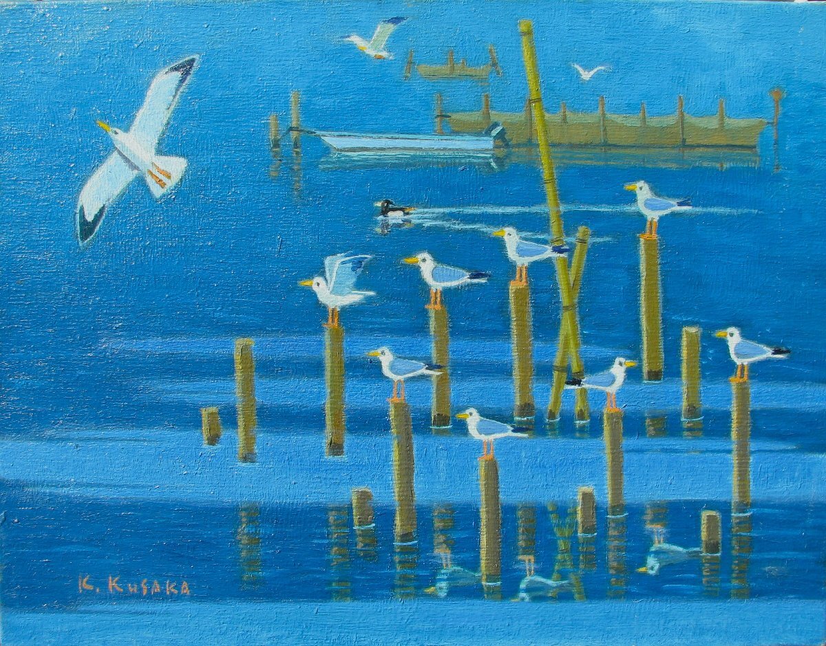 手賀沼風景を描く、日下賢二、50号油彩　ユリカモメ　人気作家 手賀沼風景を描く、日下賢二、50号油彩 ユリカモメ 人気作家