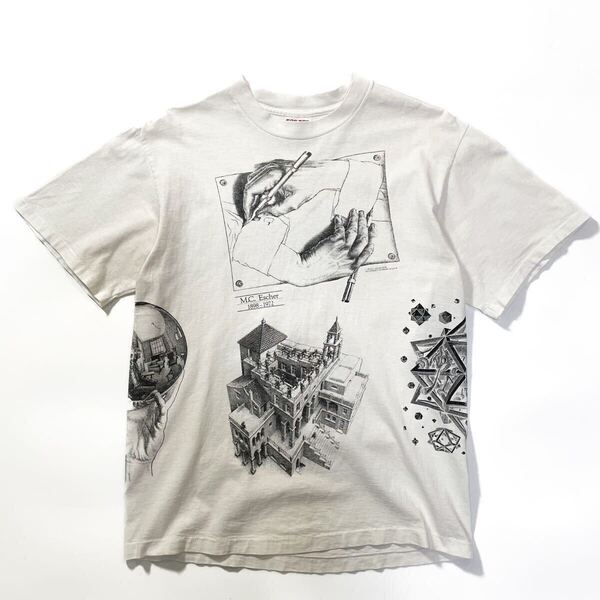 90s 80s 90年 エッシャー m.c escher マルチ アートt ビンテージ アメリカ製 usa old L プリントt Tシャツ 半袖 Tee 白 総柄 黒 コットン