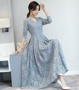 304【M】総レースワンピース ロング丈ドレス 袖あり 長袖レース