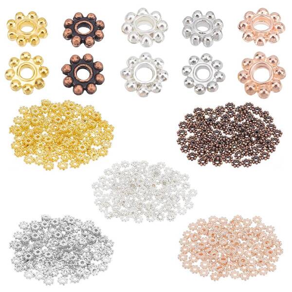 【次回入荷なし】合金 スペーサービーズ 5x1.5mm 5色 菊座 花座 座金 チベットスタイル 約500個/箱 ビーズ メタルビ