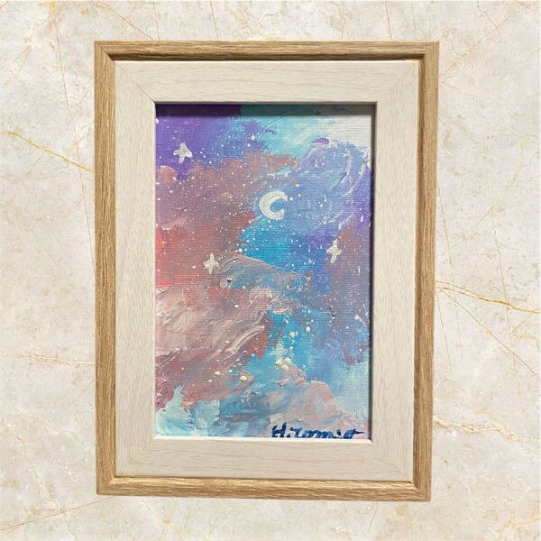 夜空の抽象画 額装 額付き 真作 絵画 アート 原画 キャンバスボード