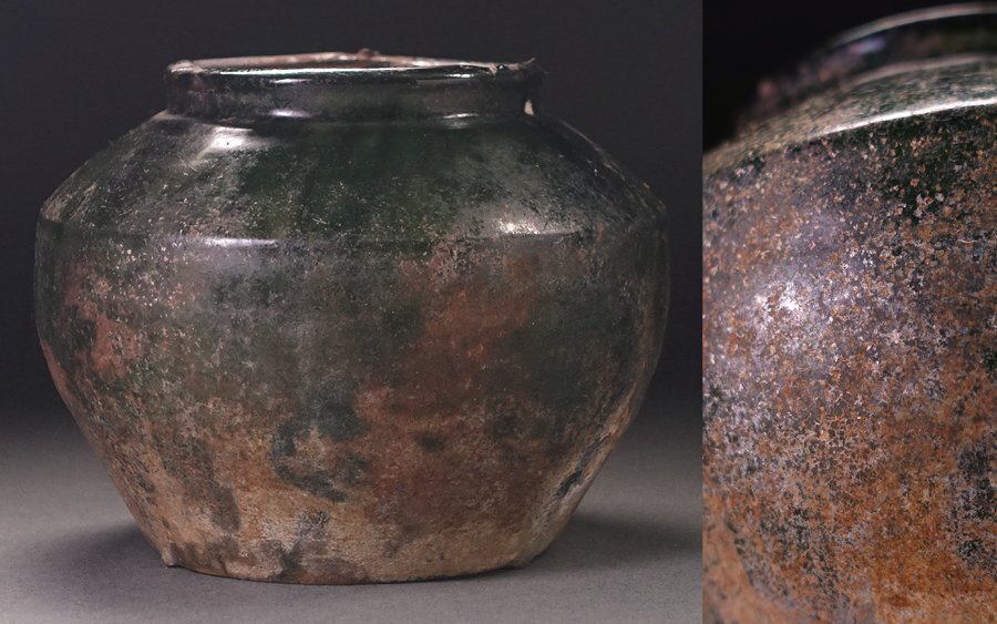 中国美術【 漢代陶瓷萌芽期 朱雀緑釉壺】単色釉 花瓶 箱付 古