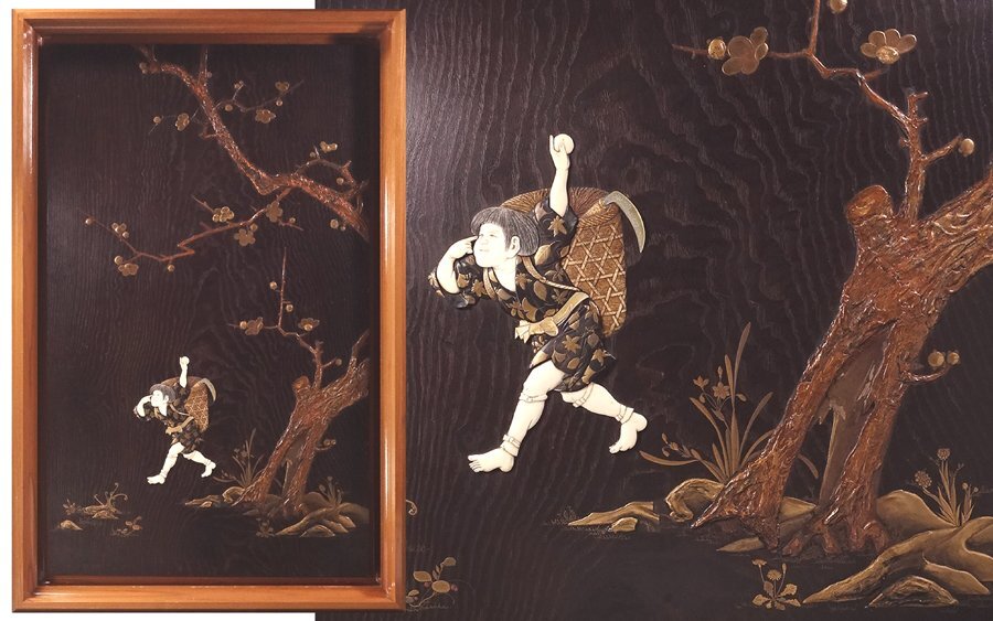 SAKURAYA】時代ある珍しい作品【極上品 芝山細工 宗達写風神蒔絵