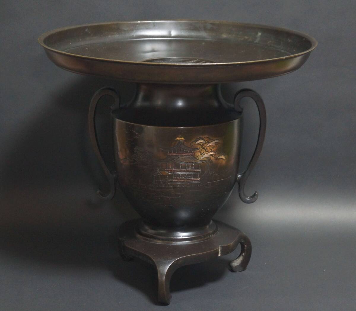 華道 花器 金工細工 銅製金銀象嵌『金閣寺』薄端 生け花 ヴィンテージ★時代物★ 華道 花器 金工細工 銅製金銀象嵌『金閣寺』薄端 生け花