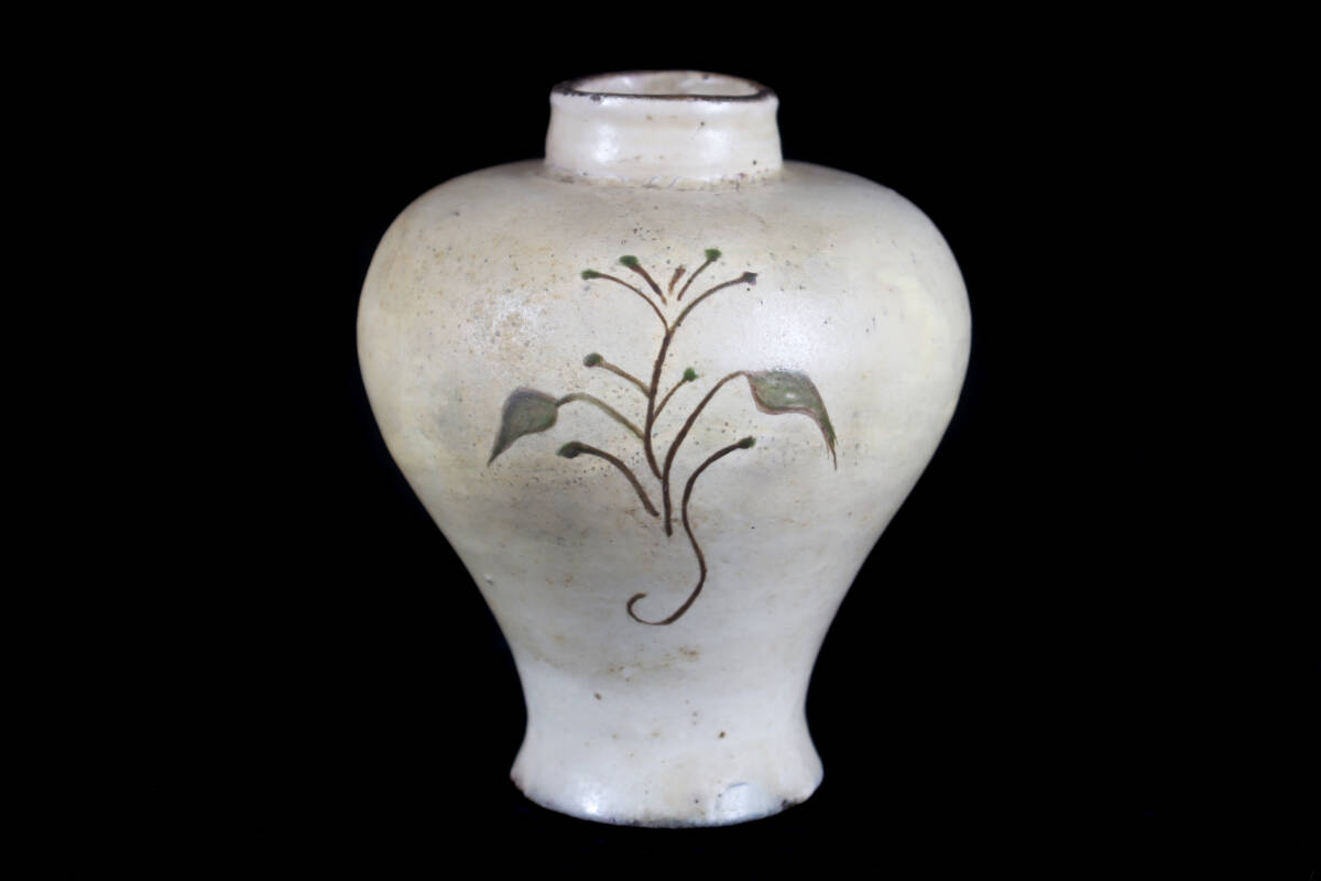 朝鮮美術 李朝 高麗青磁 鉄絵 草文 碗口瓶 時代箱付 M R7852B 陶芸