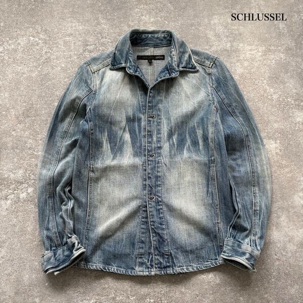 【SCHLUSSEL】シュリセル ホックシャツ デニムシャツ 長袖シャツ ユーズドヴィンテージ加工 Y2K アーカイブ ヘビーデニム サイドポケット