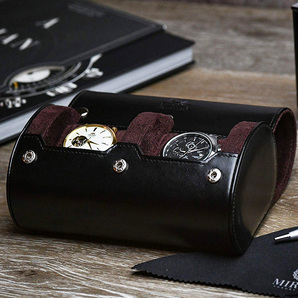 【耐久性のある仕切りが時計同士の接触を防ぎ、傷を守る】男性用時計ケース 2本用 ビーガンレザー スライド式クッション付き プレゼント