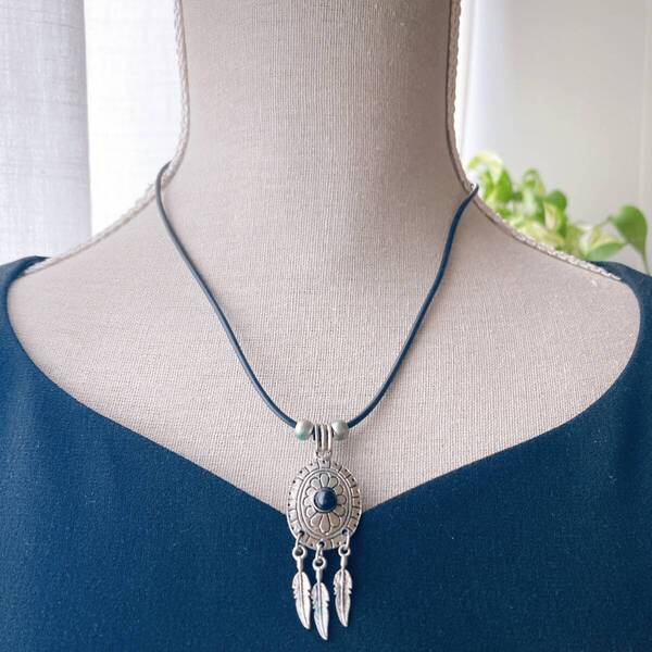 ネックレス レザー シルバーアクセサリー ドリームキャッチャー ブラック 黒 ユニセックス☆Vintage jewelry accessories R0336