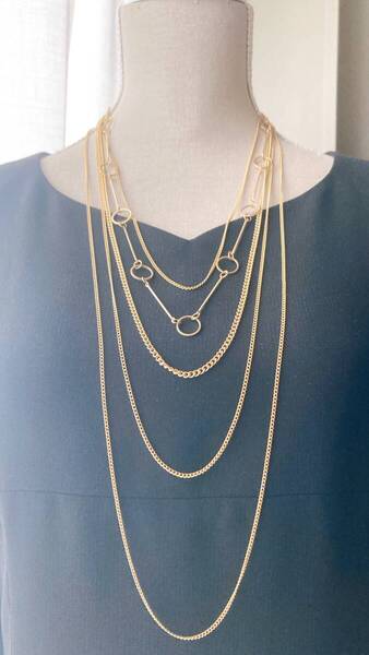 ネックレス ロング 5連 イエローゴールドチェーン 未使用品 シンプルきれい☆Vintage jewelry accessories R0324
