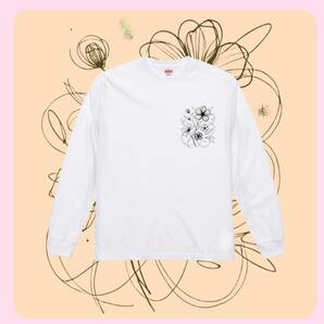 ◆ロンT L レディース トップス 長袖 シンプル おしゃれ 花 クラシック ボタニカル アート 線画 フラワー ホワイト