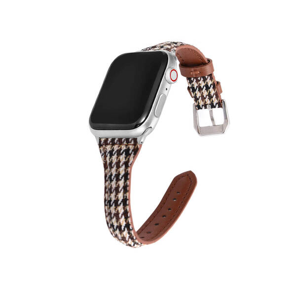 ◆Apple Watch アップルウォッチ 千鳥格子柄 ブラウン ブロックチェック キャンバス生地 フェイクレザー ブレスレット バンド