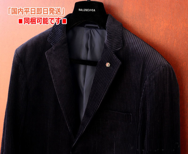 新品■伊G.LARINI175 紺 コーデュロイ ジャケット ネイビー【メンズ M】紳士 テーラード ベルベット ブレザー 肉厚 M~L 濃紺 ベロア 秋冬