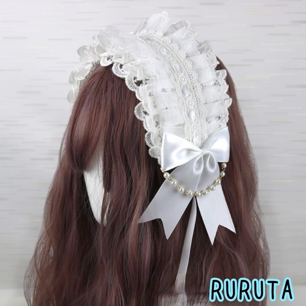 【ホワイト 白】ヘッドドレス コスプレ なりきり ロリ クリップ式 レース リボン パール
